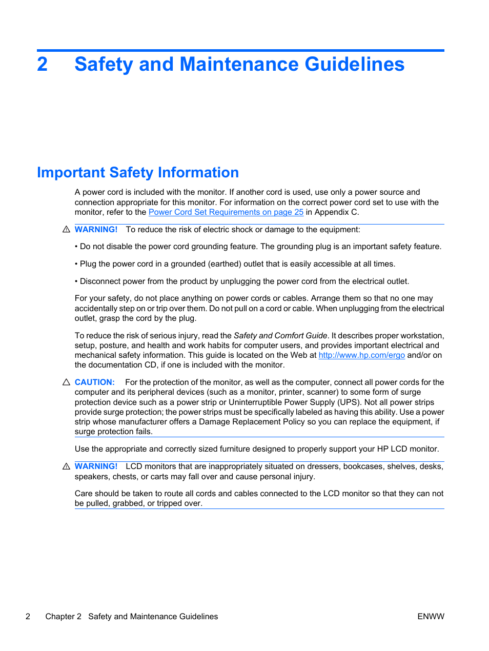 Safety and maintenance guidelines, Important safety information, 2 safety and maintenance guidelines | 2safety and maintenance guidelines | HP ZR30w User Manual | Page 8 / 34