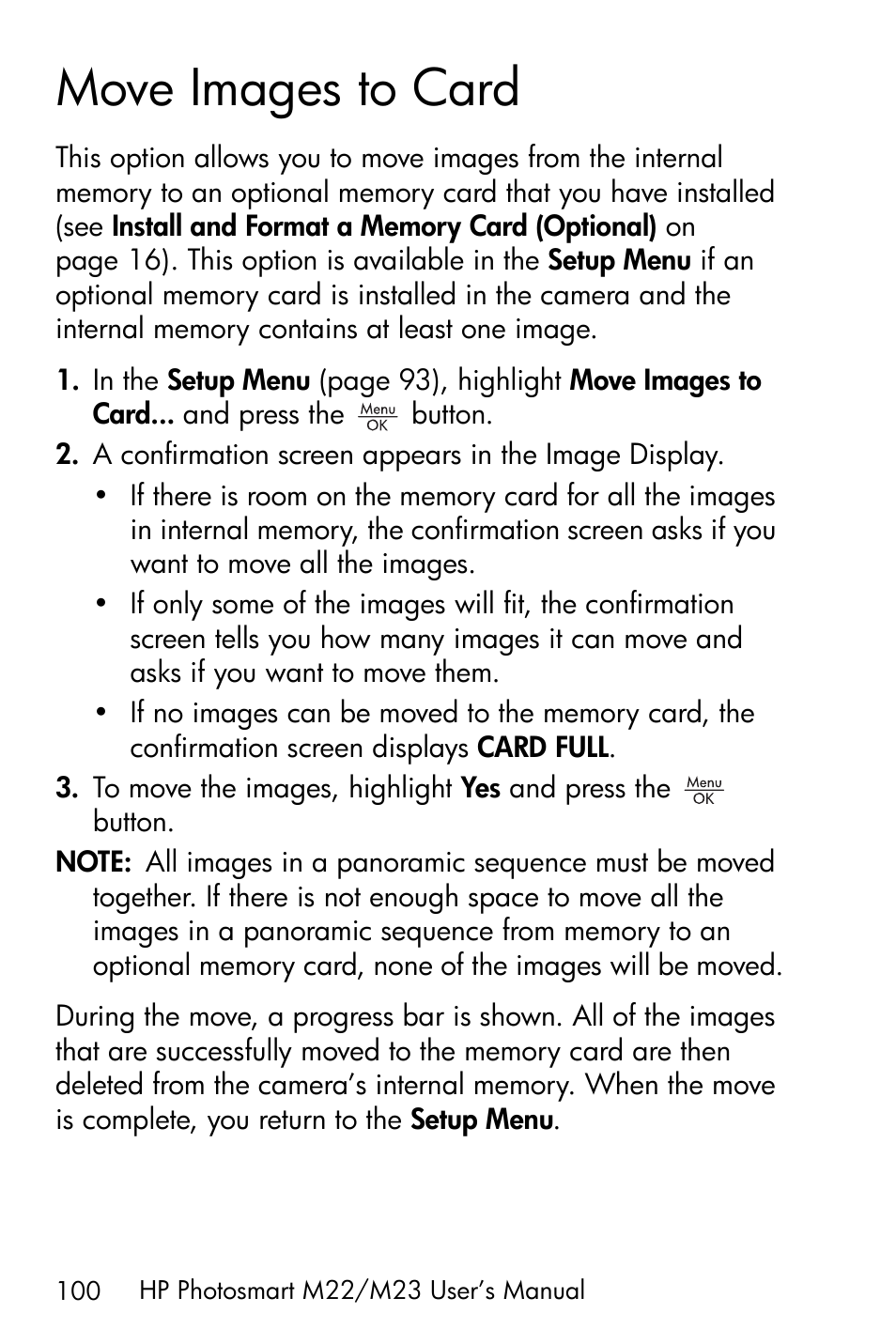 Move images to card | HP PhotoSmart M22 User Manual | Page 100 / 180