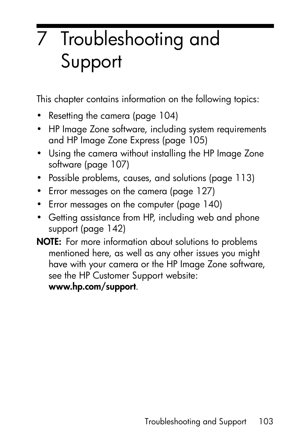 Troubleshooting and support, 7 troubleshooting and support | HP PhotoSmart M22 User Manual | Page 103 / 180