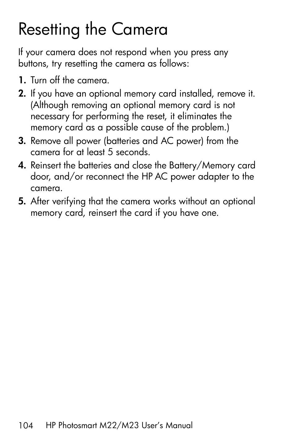 Resetting the camera | HP PhotoSmart M22 User Manual | Page 104 / 180