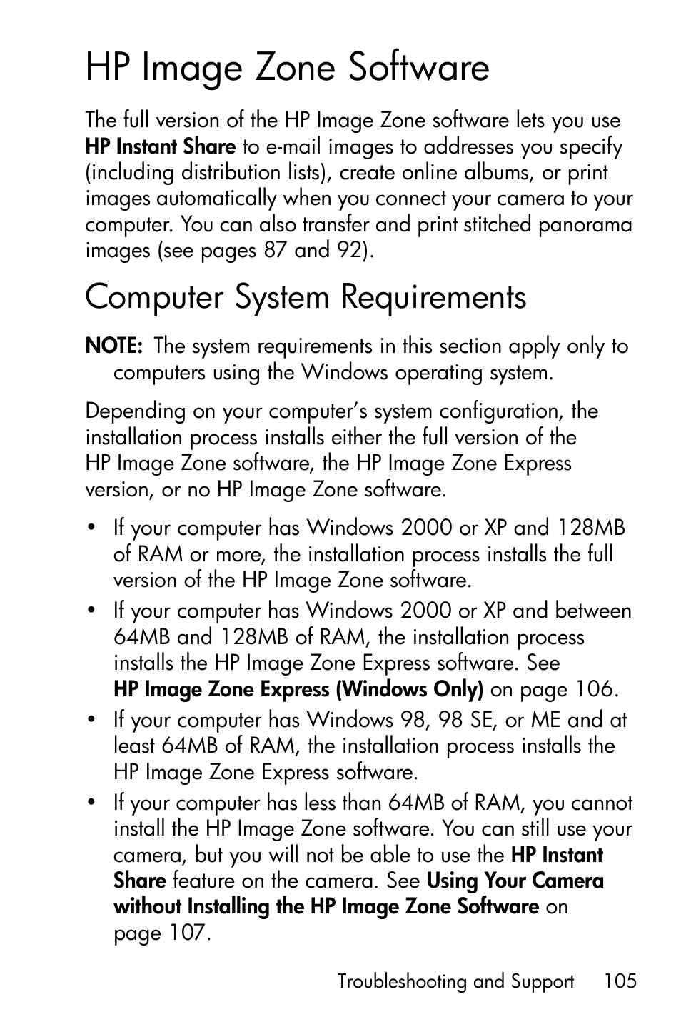 Hp image zone software, Computer system requirements, Hp image zone | HP PhotoSmart M22 User Manual | Page 105 / 180