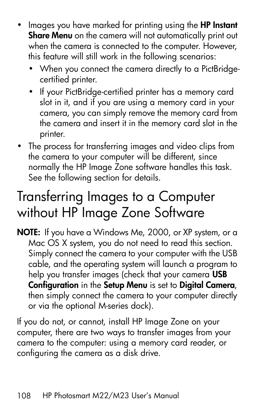 Transferring images to a computer without, Hp image zone software | HP PhotoSmart M22 User Manual | Page 108 / 180