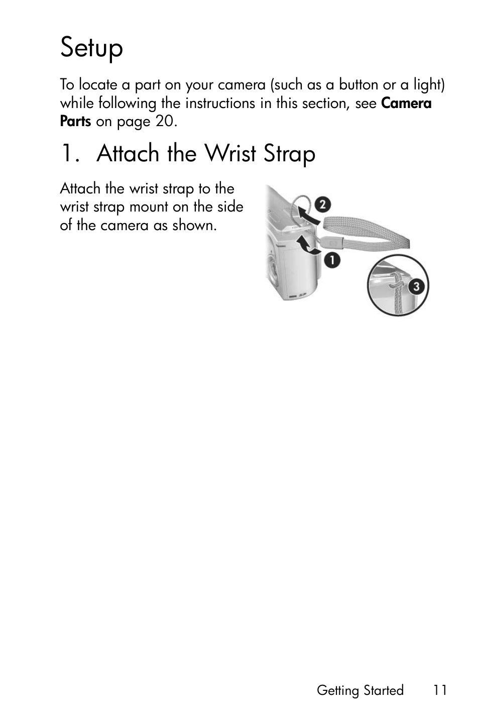 Setup, Attach the wrist strap, 1 attach the wrist strap | HP PhotoSmart M22 User Manual | Page 11 / 180