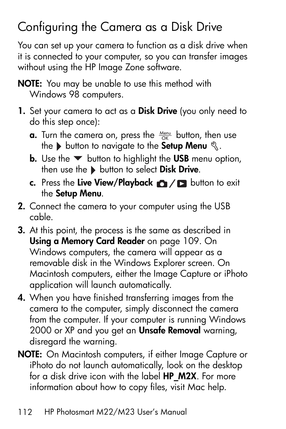 Configuring the camera as a disk drive, Configuring the camera as a disk drive. 112 | HP PhotoSmart M22 User Manual | Page 112 / 180