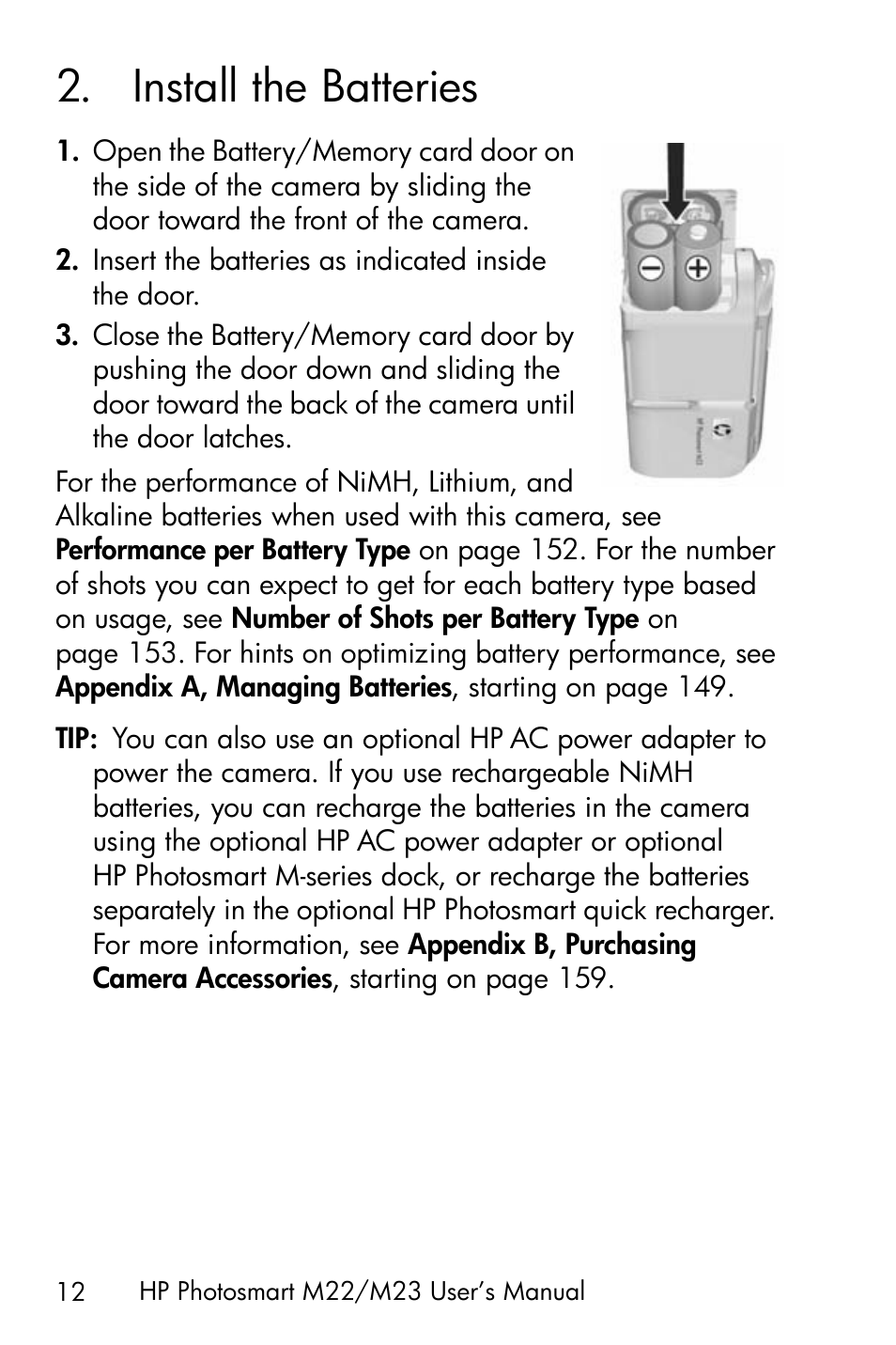 Install the batteries, 2 install the batteries | HP PhotoSmart M22 User Manual | Page 12 / 180