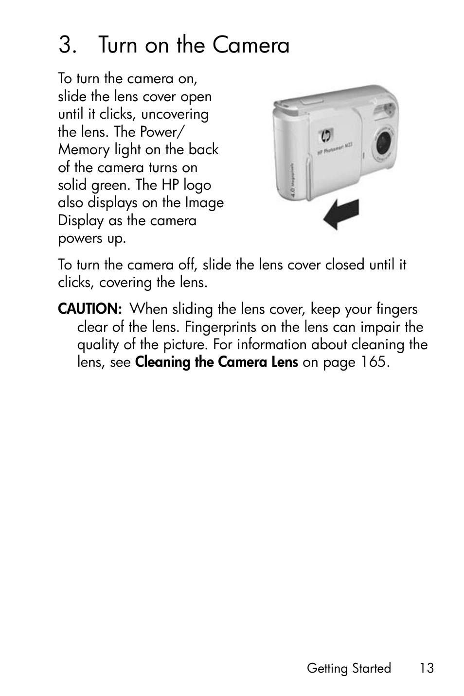 Turn on the camera, 3 turn on the camera | HP PhotoSmart M22 User Manual | Page 13 / 180