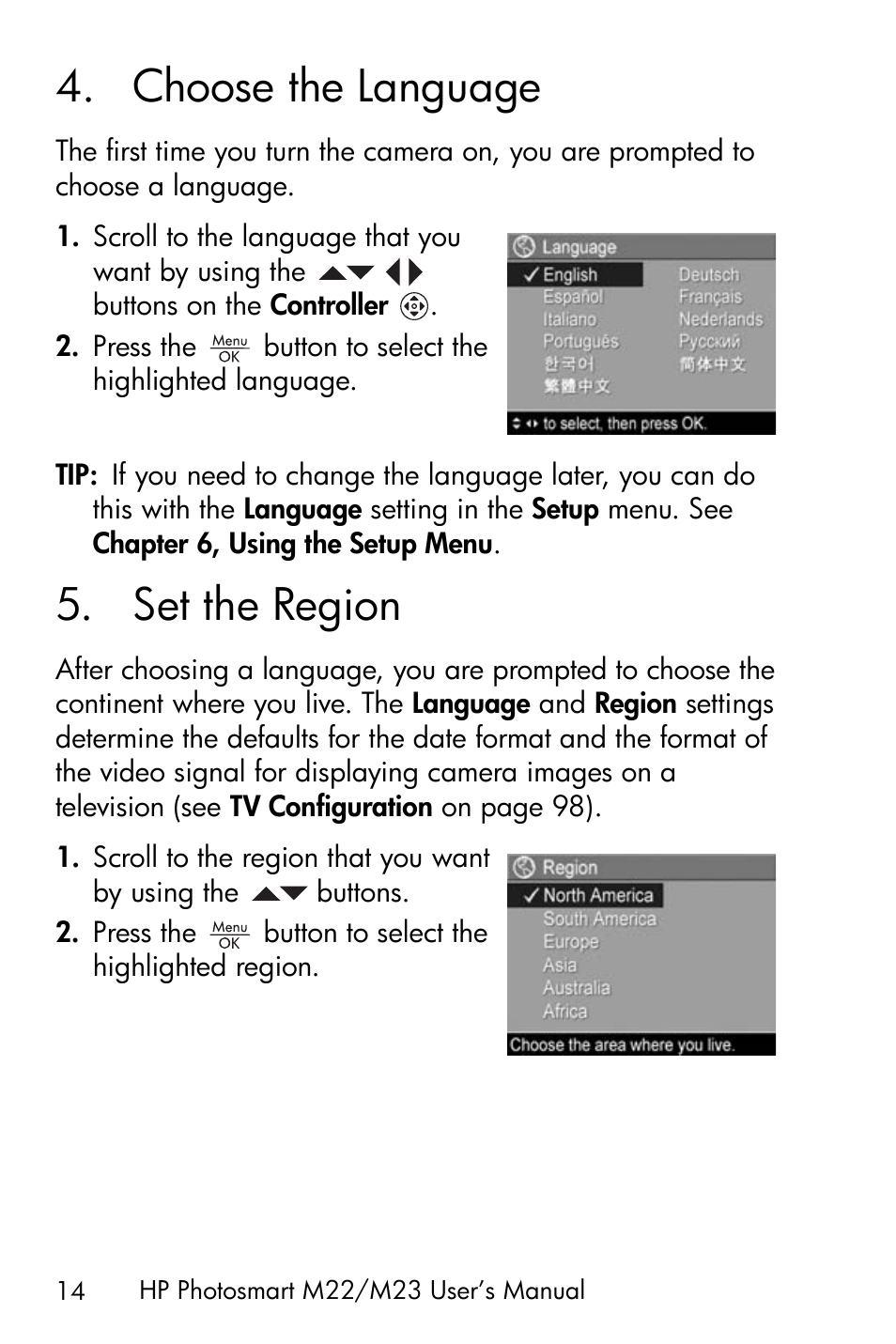 Choose the language, Set the region, 4 choose the language | 5 set the region | HP PhotoSmart M22 User Manual | Page 14 / 180