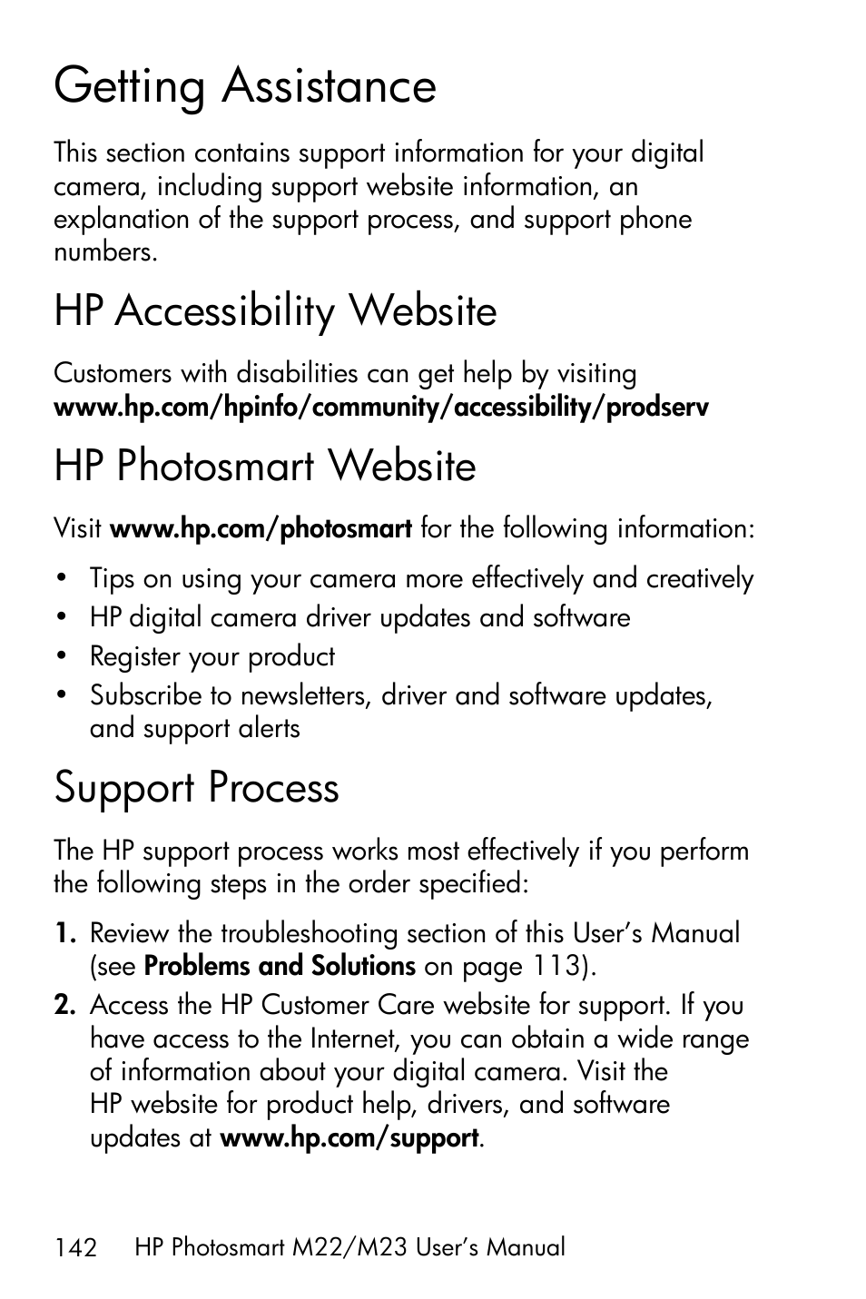 Getting assistance, Hp accessibility website, Hp photosmart website | Support process | HP PhotoSmart M22 User Manual | Page 142 / 180