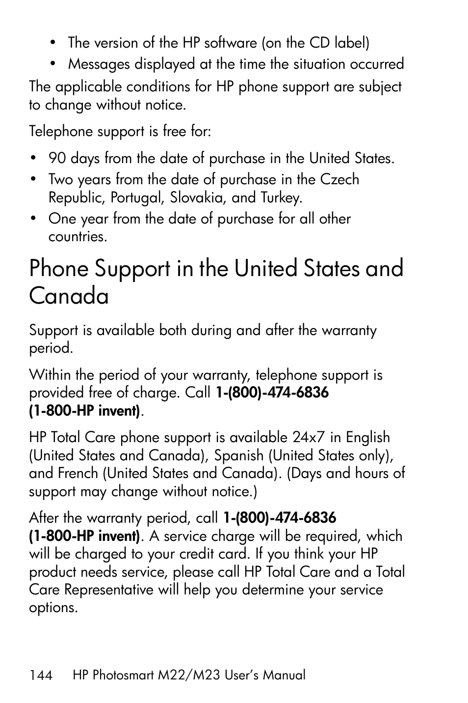 Phone support in the united states and canada, Phone support in the united states and, Canada | HP PhotoSmart M22 User Manual | Page 144 / 180