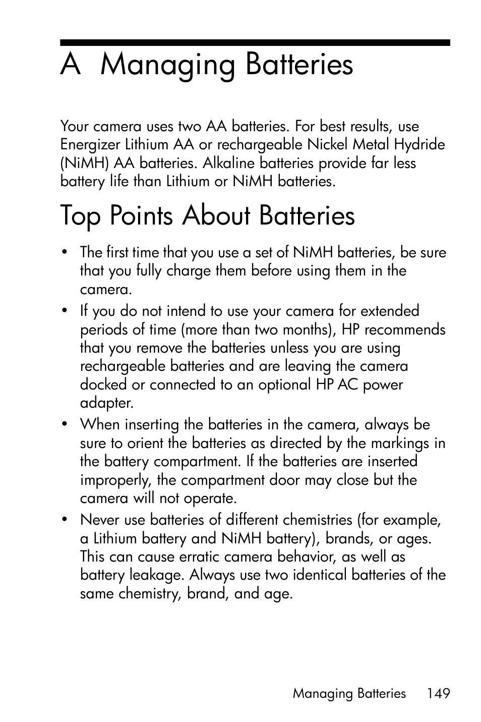 Managing batteries, Top points about batteries, A managing batteries | HP PhotoSmart M22 User Manual | Page 149 / 180