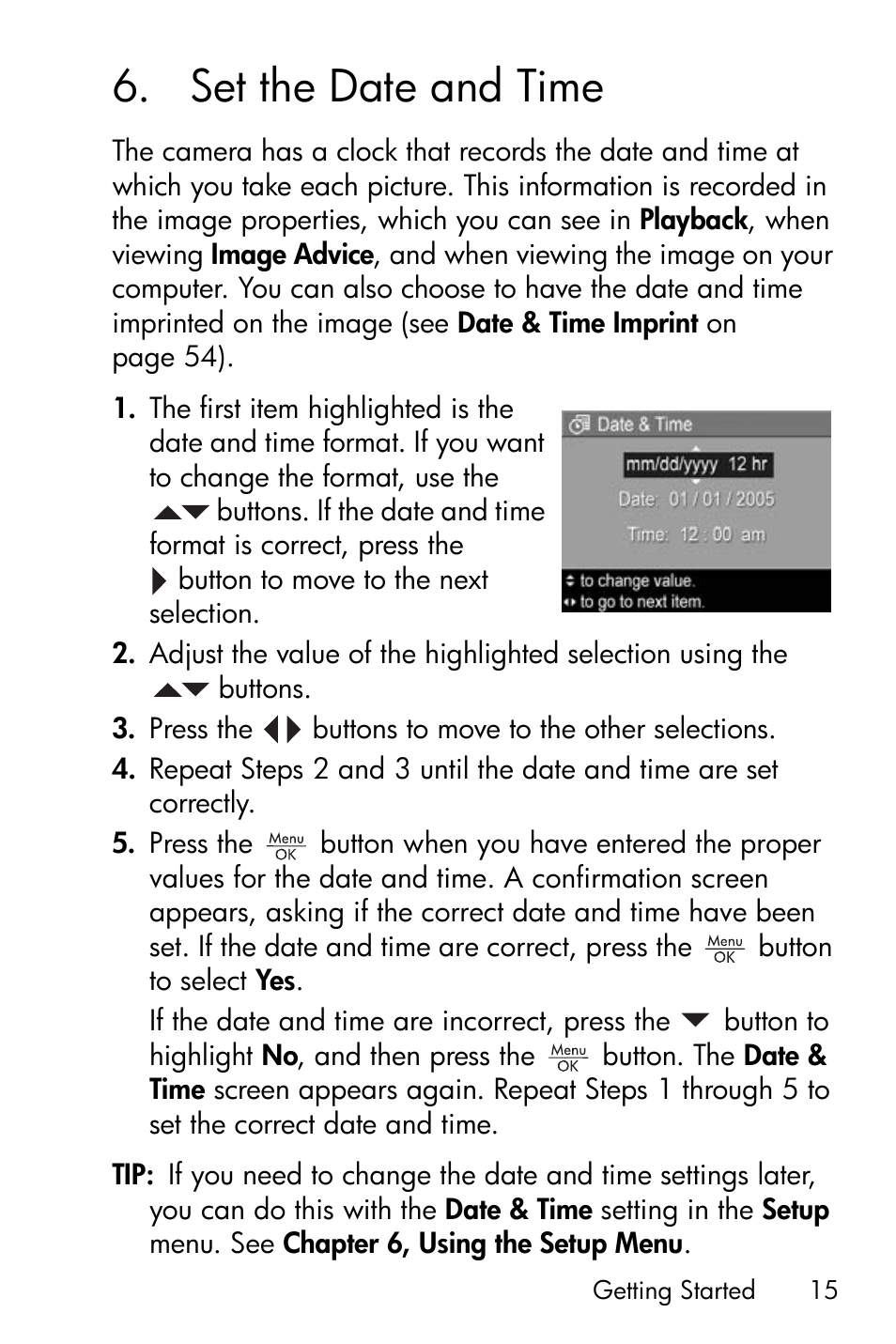 Set the date and time, 6 set the date and time | HP PhotoSmart M22 User Manual | Page 15 / 180