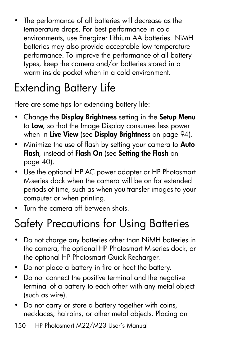 Extending battery life, Safety precautions for using batteries, Extending battery life on | HP PhotoSmart M22 User Manual | Page 150 / 180