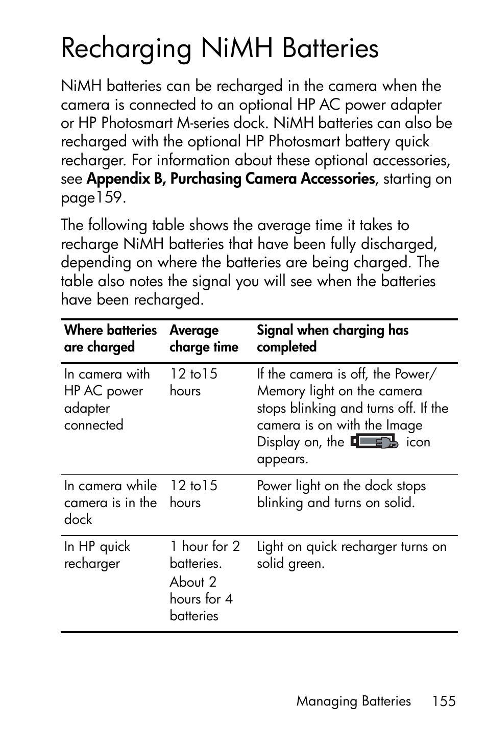Recharging nimh batteries | HP PhotoSmart M22 User Manual | Page 155 / 180