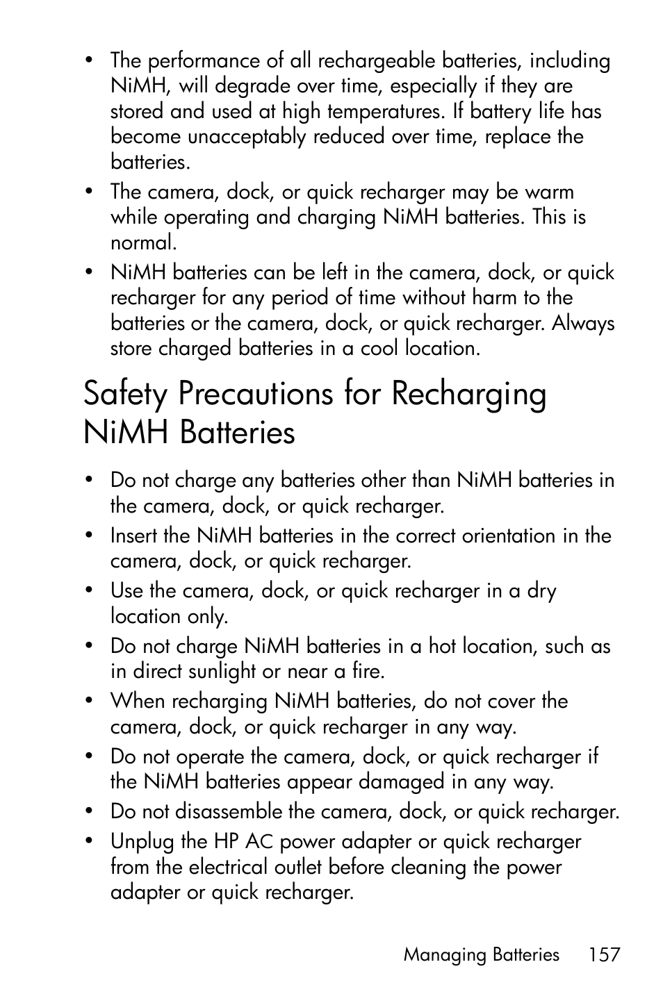 Safety precautions for recharging nimh batteries, Safety precautions for recharging nimh, Batteries | HP PhotoSmart M22 User Manual | Page 157 / 180