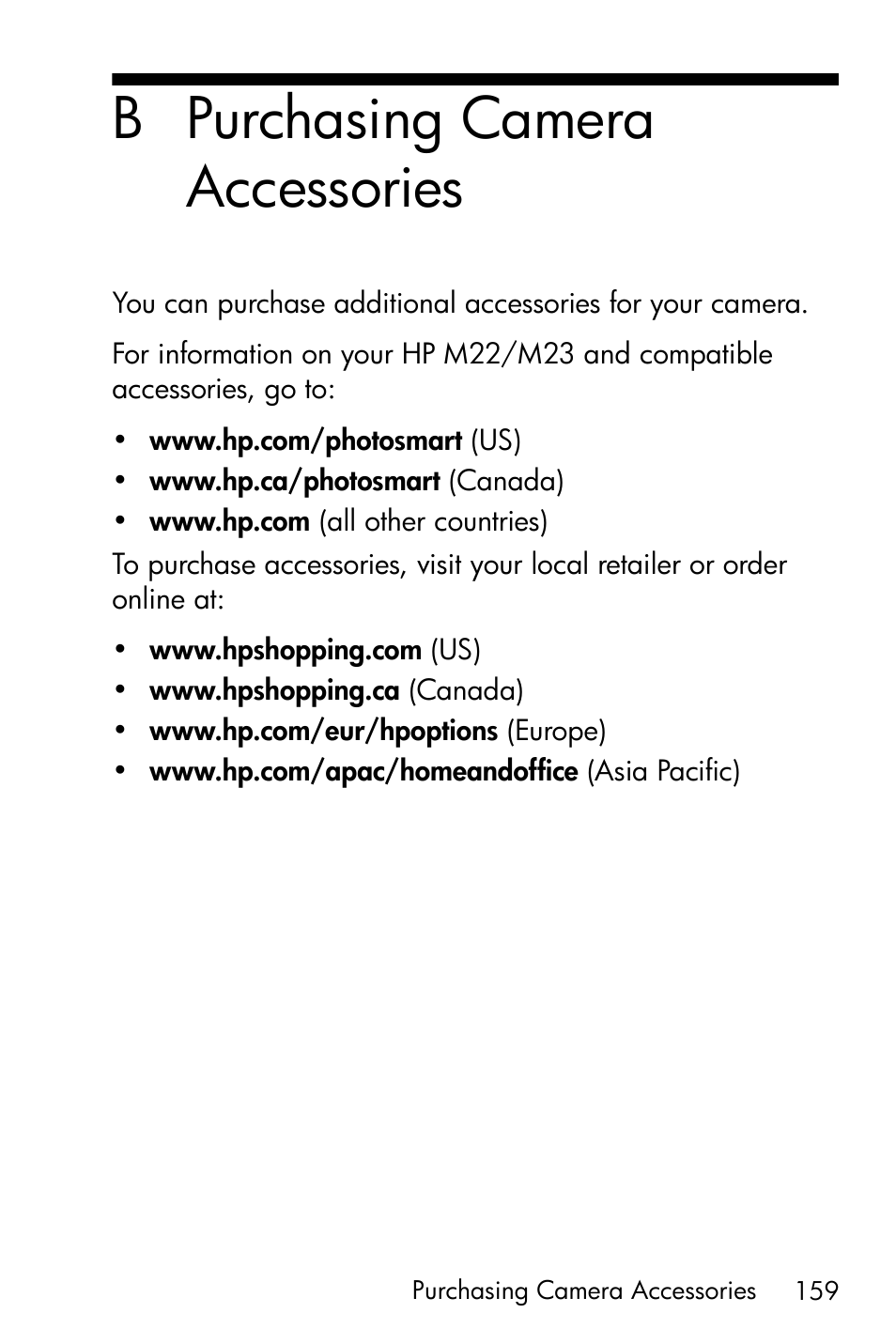 Purchasing camera accessories, Ee appendix b, purchasing, B purchasing camera accessories | HP PhotoSmart M22 User Manual | Page 159 / 180