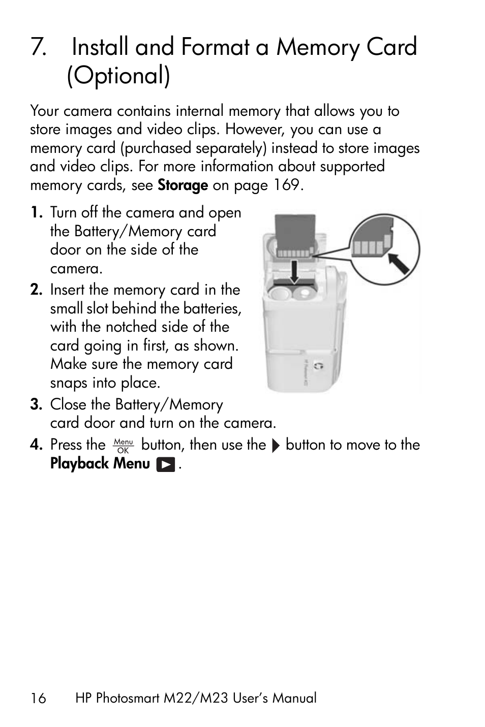 Install and format a memory card (optional), 7 install and format a memory card, Optional) | HP PhotoSmart M22 User Manual | Page 16 / 180