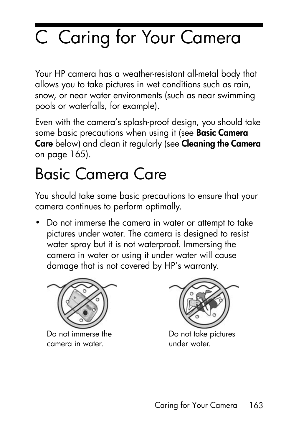 Caring for your camera, Basic camera care, C caring for your camera | HP PhotoSmart M22 User Manual | Page 163 / 180