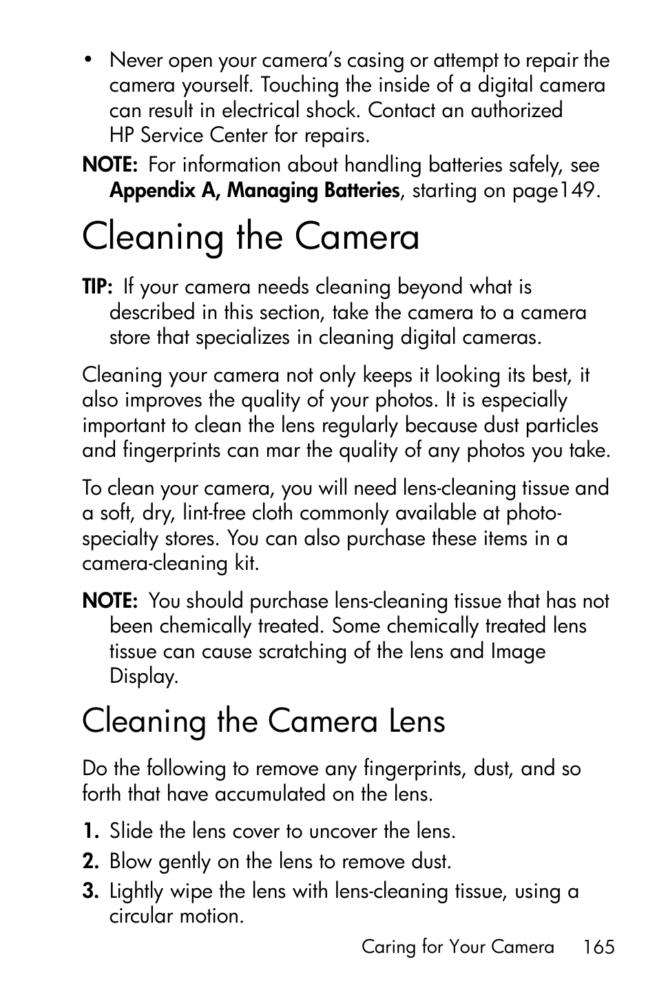 Cleaning the camera, Cleaning the camera lens | HP PhotoSmart M22 User Manual | Page 165 / 180