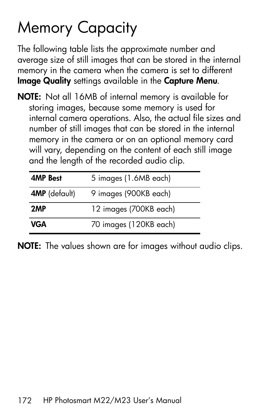 Memory capacity, Memory capacity on | HP PhotoSmart M22 User Manual | Page 172 / 180