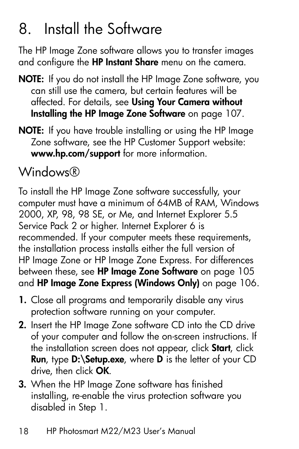 Install the software, Windows, 8 install the software | HP PhotoSmart M22 User Manual | Page 18 / 180