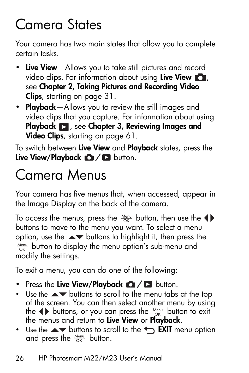 Camera states, Camera menus | HP PhotoSmart M22 User Manual | Page 26 / 180