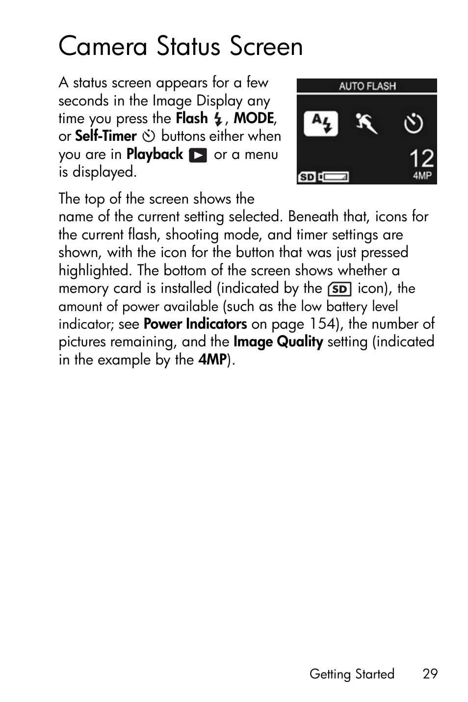 Camera status screen | HP PhotoSmart M22 User Manual | Page 29 / 180