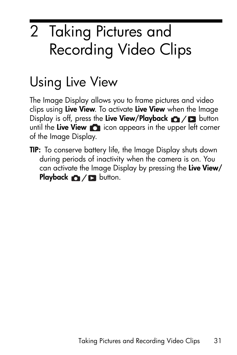 Taking pictures and recording video clips, Using live view, Chapter 2, taking pictures and recording video | 2 taking pictures and recording video clips | HP PhotoSmart M22 User Manual | Page 31 / 180