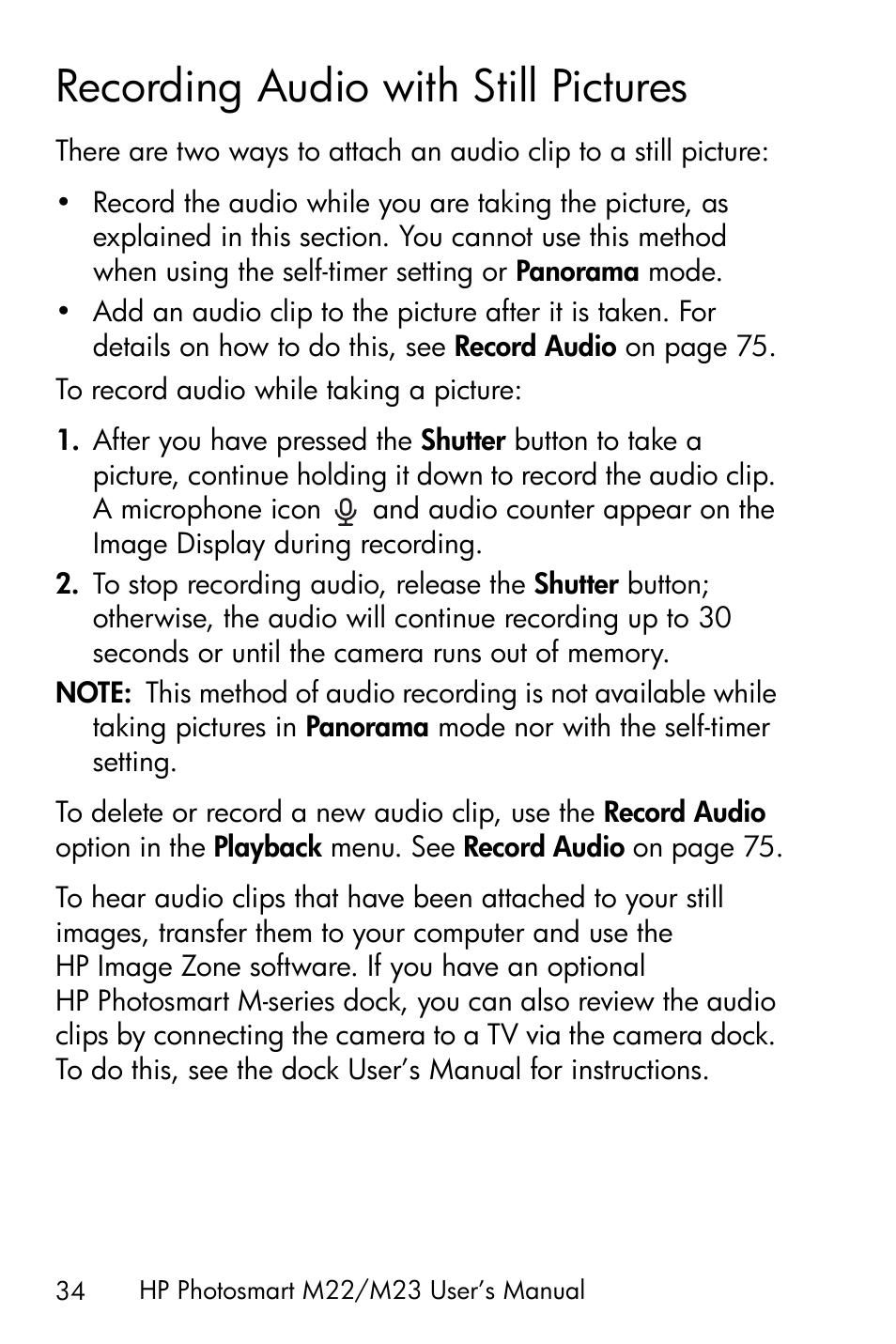 Recording audio with still pictures | HP PhotoSmart M22 User Manual | Page 34 / 180