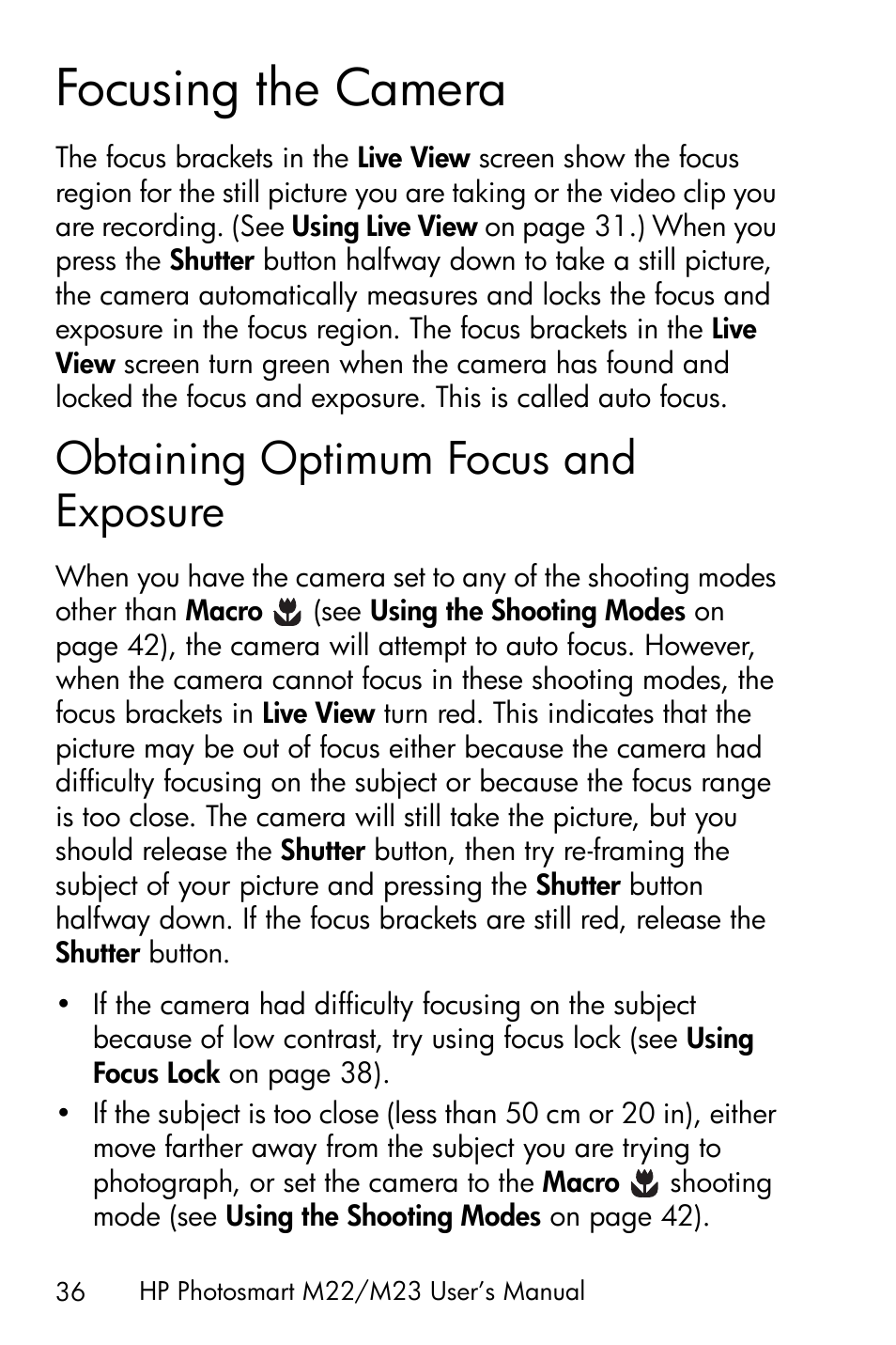 Focusing the camera, Obtaining optimum focus and exposure | HP PhotoSmart M22 User Manual | Page 36 / 180