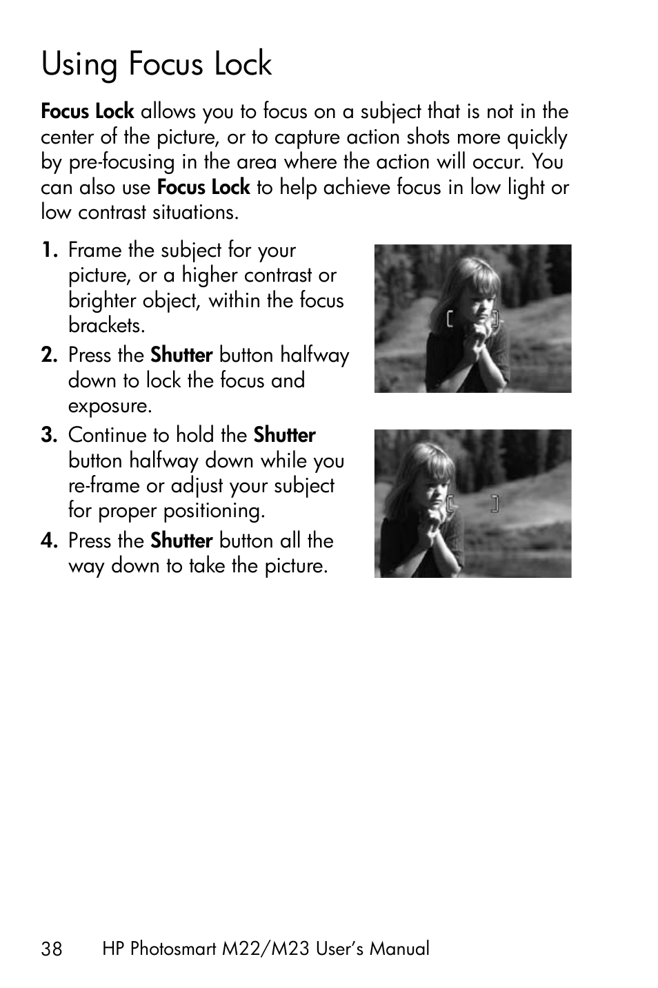 Using focus lock, Using | HP PhotoSmart M22 User Manual | Page 38 / 180