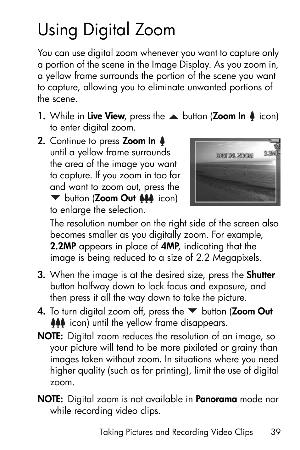 Using digital zoom | HP PhotoSmart M22 User Manual | Page 39 / 180