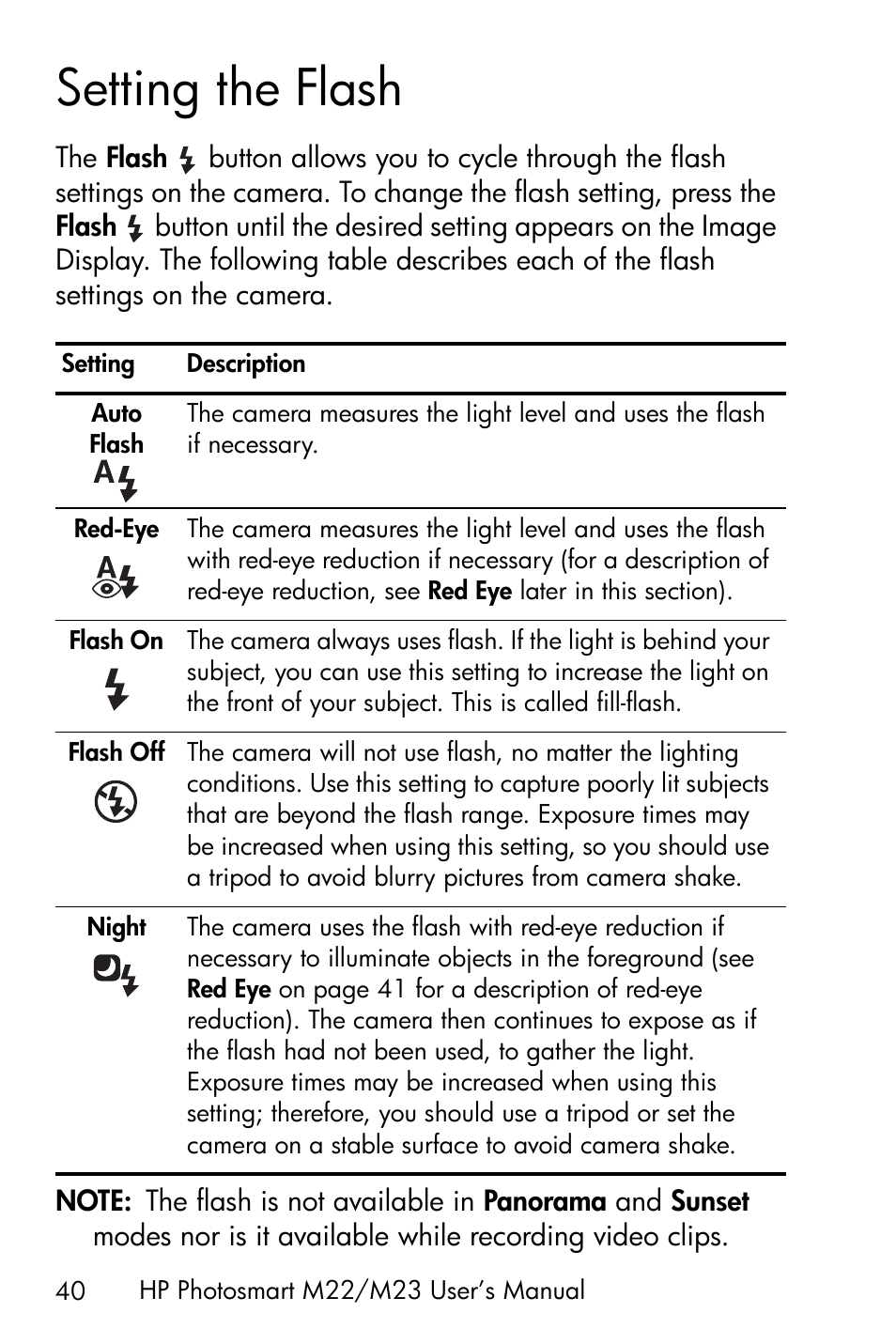 Setting the flash, Setting the | HP PhotoSmart M22 User Manual | Page 40 / 180