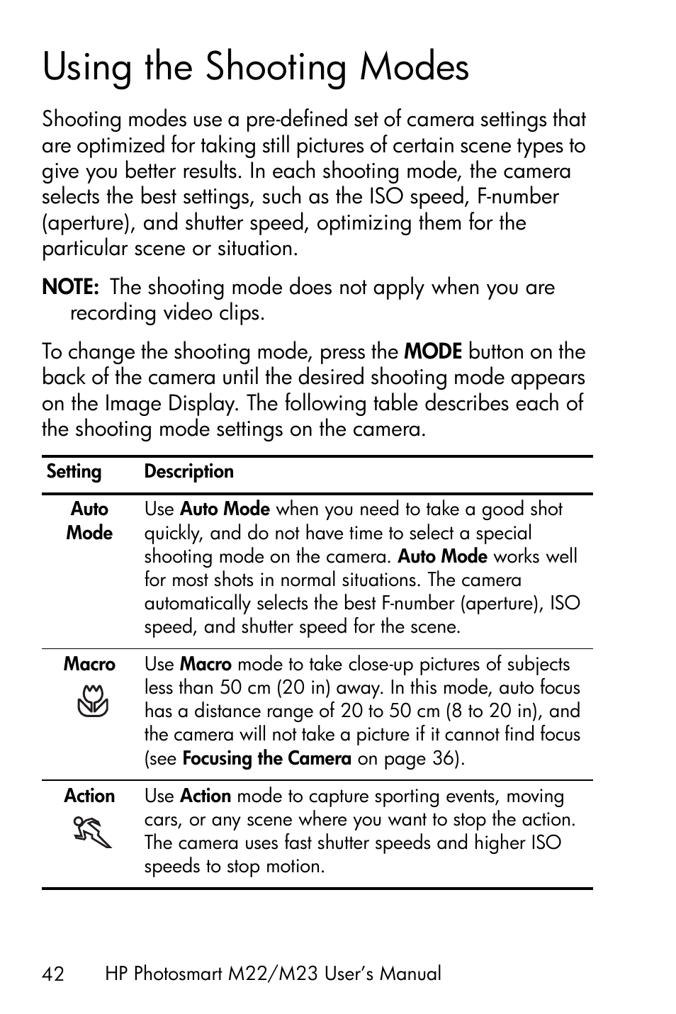 Using the shooting modes, Using the shooting modes on, Using the shooting | HP PhotoSmart M22 User Manual | Page 42 / 180