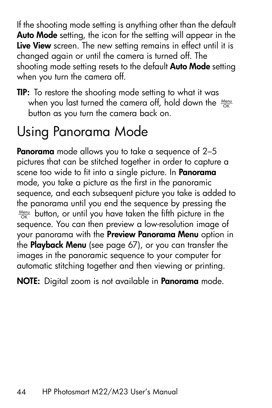 Using panorama mode | HP PhotoSmart M22 User Manual | Page 44 / 180