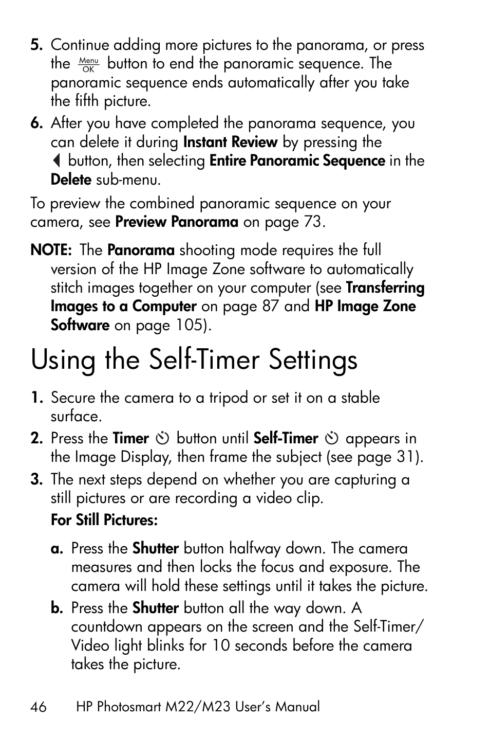 Using the self-timer settings | HP PhotoSmart M22 User Manual | Page 46 / 180