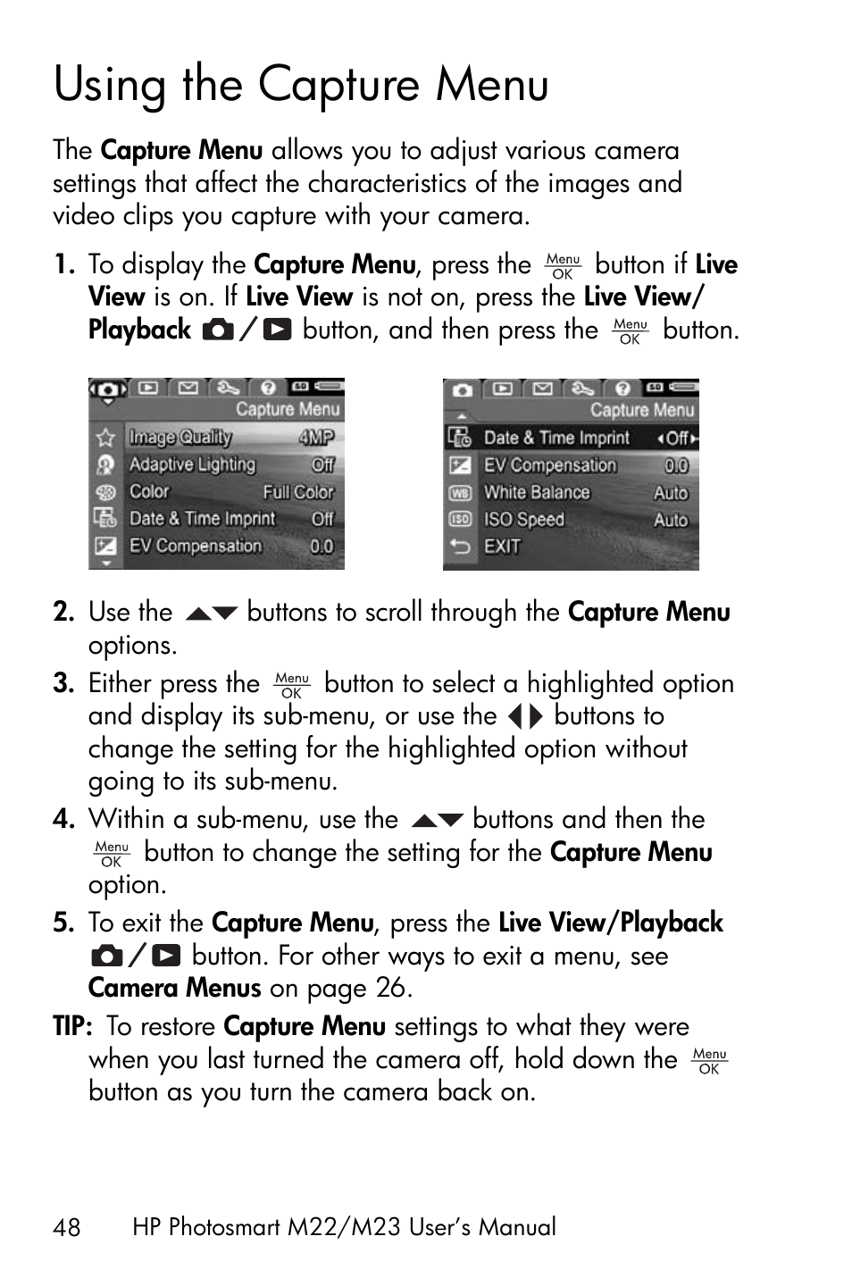 Using the capture menu, Using the capture | HP PhotoSmart M22 User Manual | Page 48 / 180