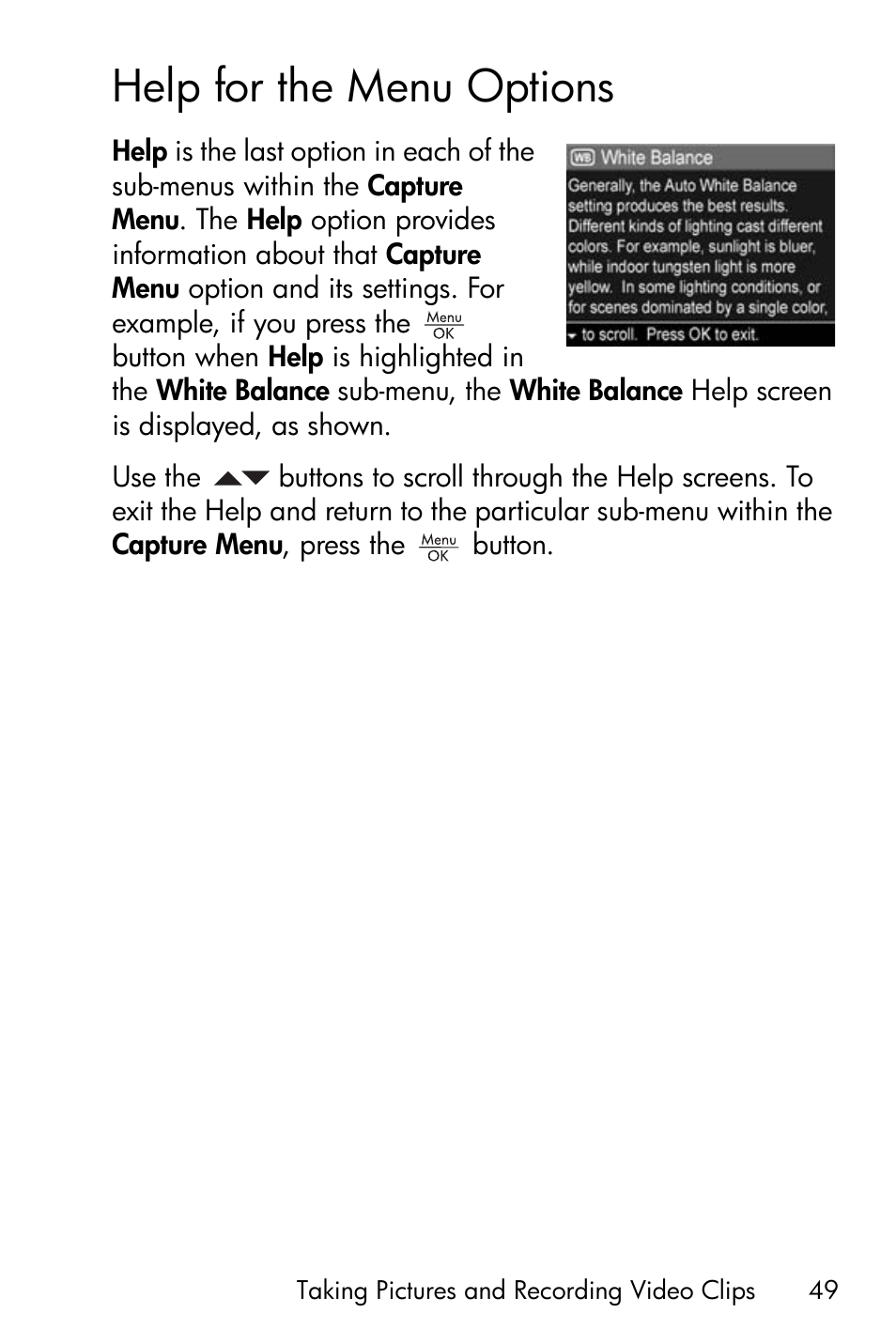 Help for the menu options | HP PhotoSmart M22 User Manual | Page 49 / 180