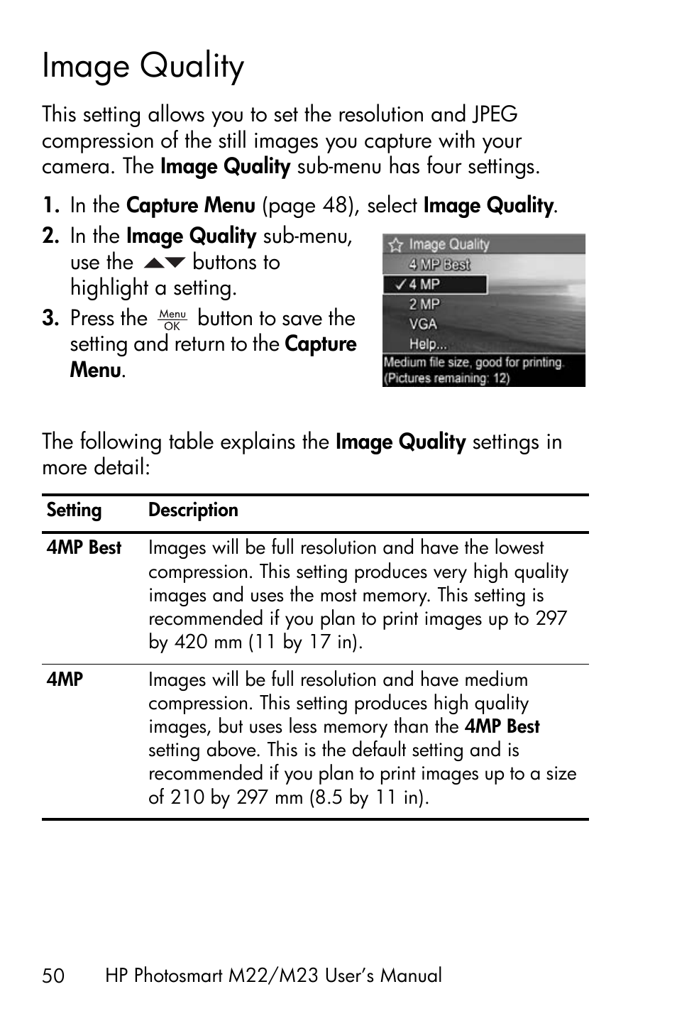 Image quality | HP PhotoSmart M22 User Manual | Page 50 / 180