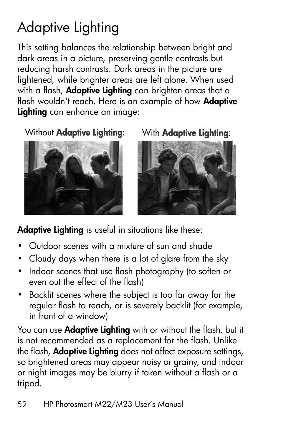 Adaptive lighting | HP PhotoSmart M22 User Manual | Page 52 / 180