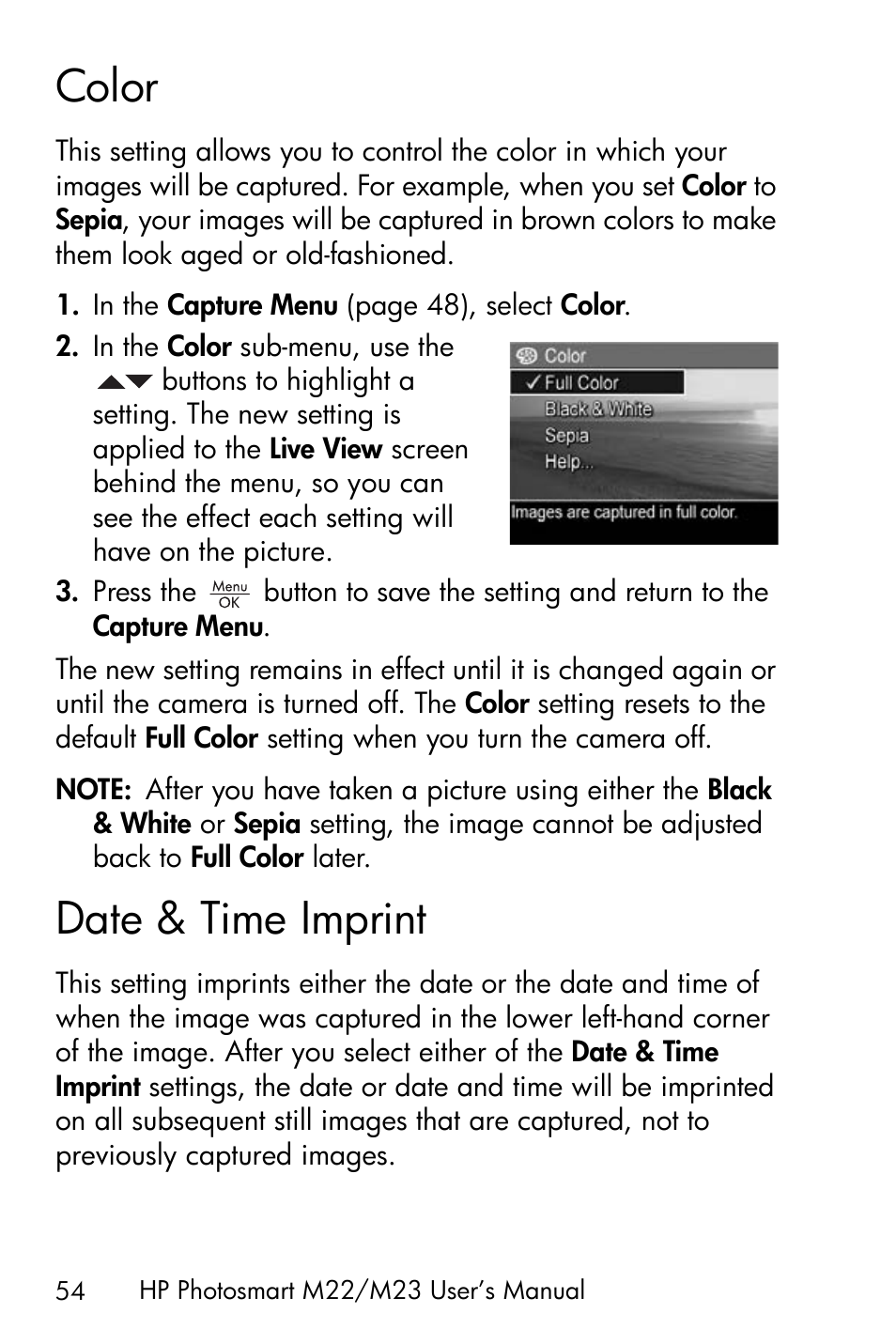 Color, Date & time imprint | HP PhotoSmart M22 User Manual | Page 54 / 180