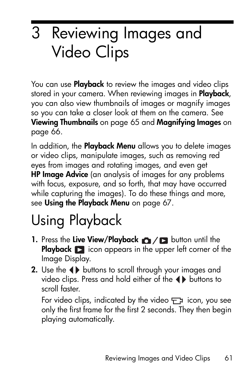 Reviewing images and video clips, Using playback, See chapter 3, reviewing images and | 3 reviewing images and video clips | HP PhotoSmart M22 User Manual | Page 61 / 180