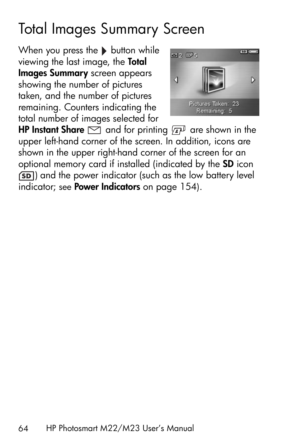 Total images summary screen | HP PhotoSmart M22 User Manual | Page 64 / 180