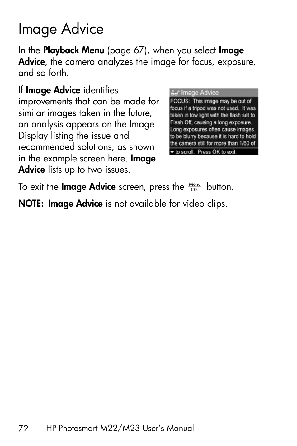 Image advice, See image | HP PhotoSmart M22 User Manual | Page 72 / 180