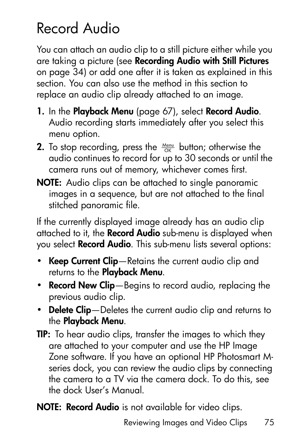 Record audio | HP PhotoSmart M22 User Manual | Page 75 / 180