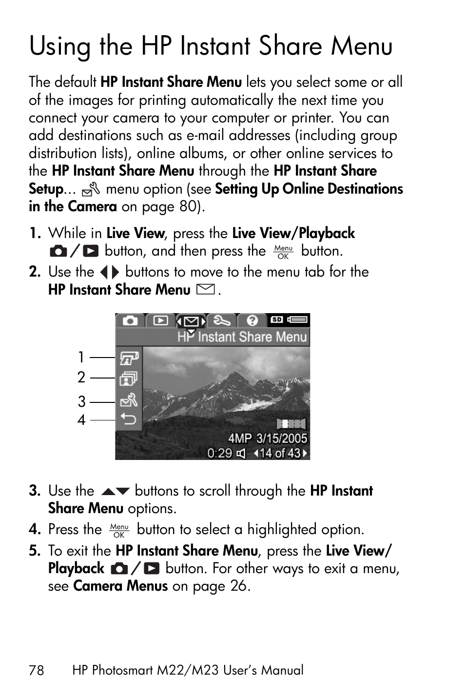 Using the hp instant share menu, Using the hp instant share, Ee using the | HP PhotoSmart M22 User Manual | Page 78 / 180