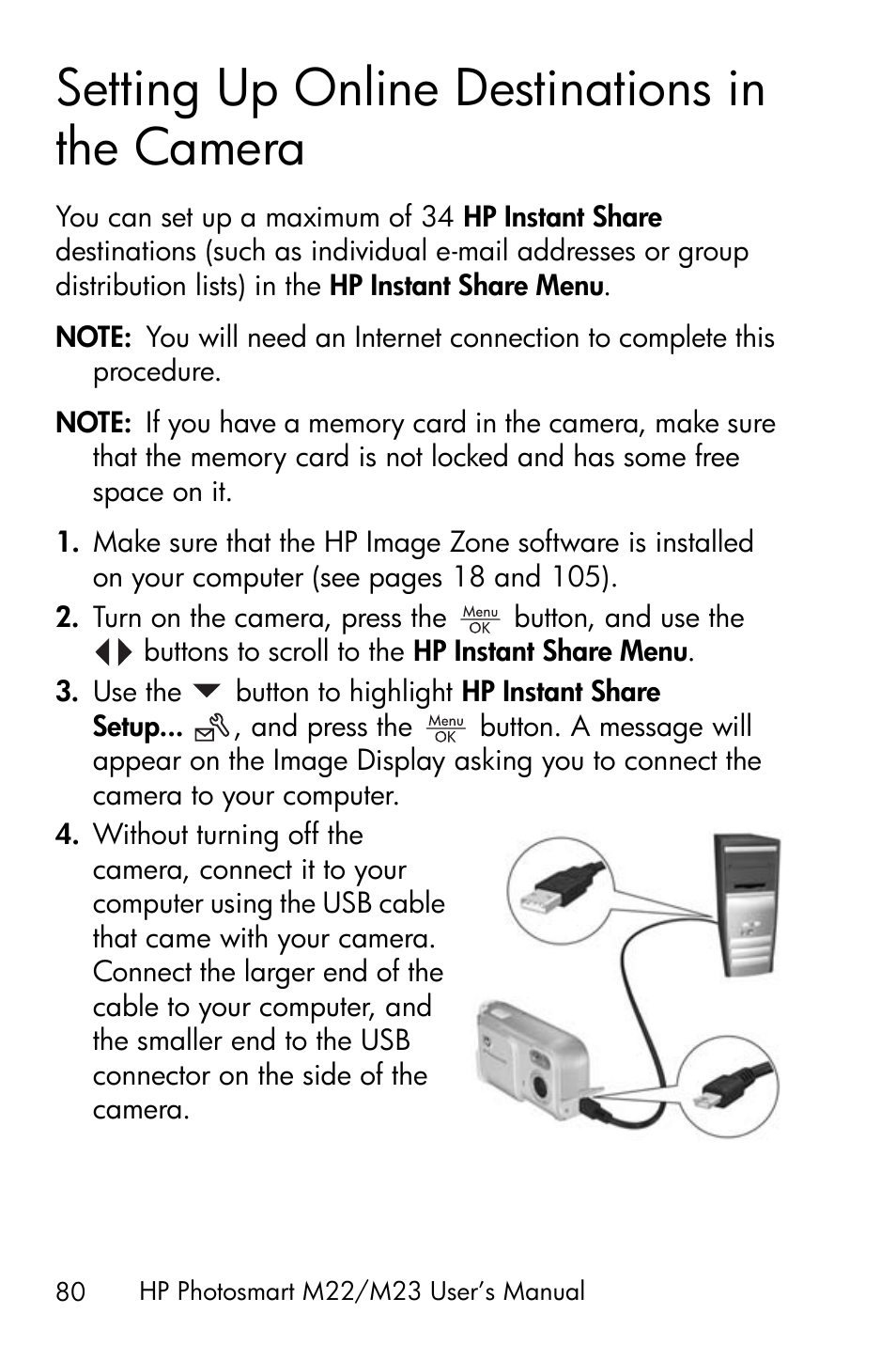 Setting up online destinations in the camera, See setting up online destinations in the camera, Setting | HP PhotoSmart M22 User Manual | Page 80 / 180