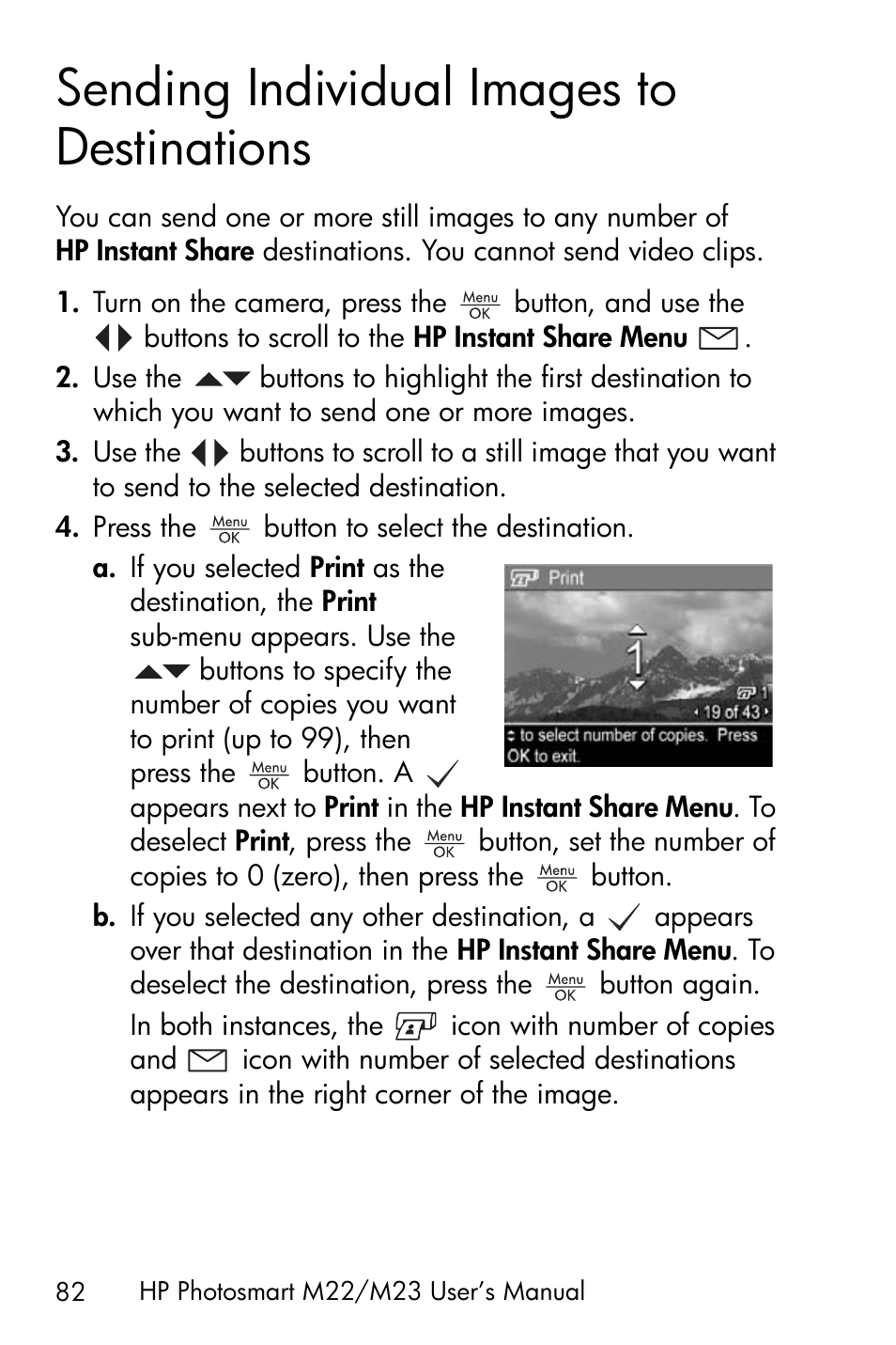 Sending individual images to destinations, Sending individual images | HP PhotoSmart M22 User Manual | Page 82 / 180