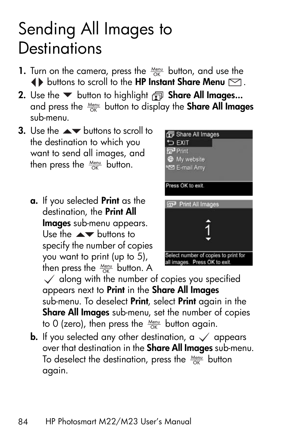 Sending all images to destinations, Sending all images to | HP PhotoSmart M22 User Manual | Page 84 / 180