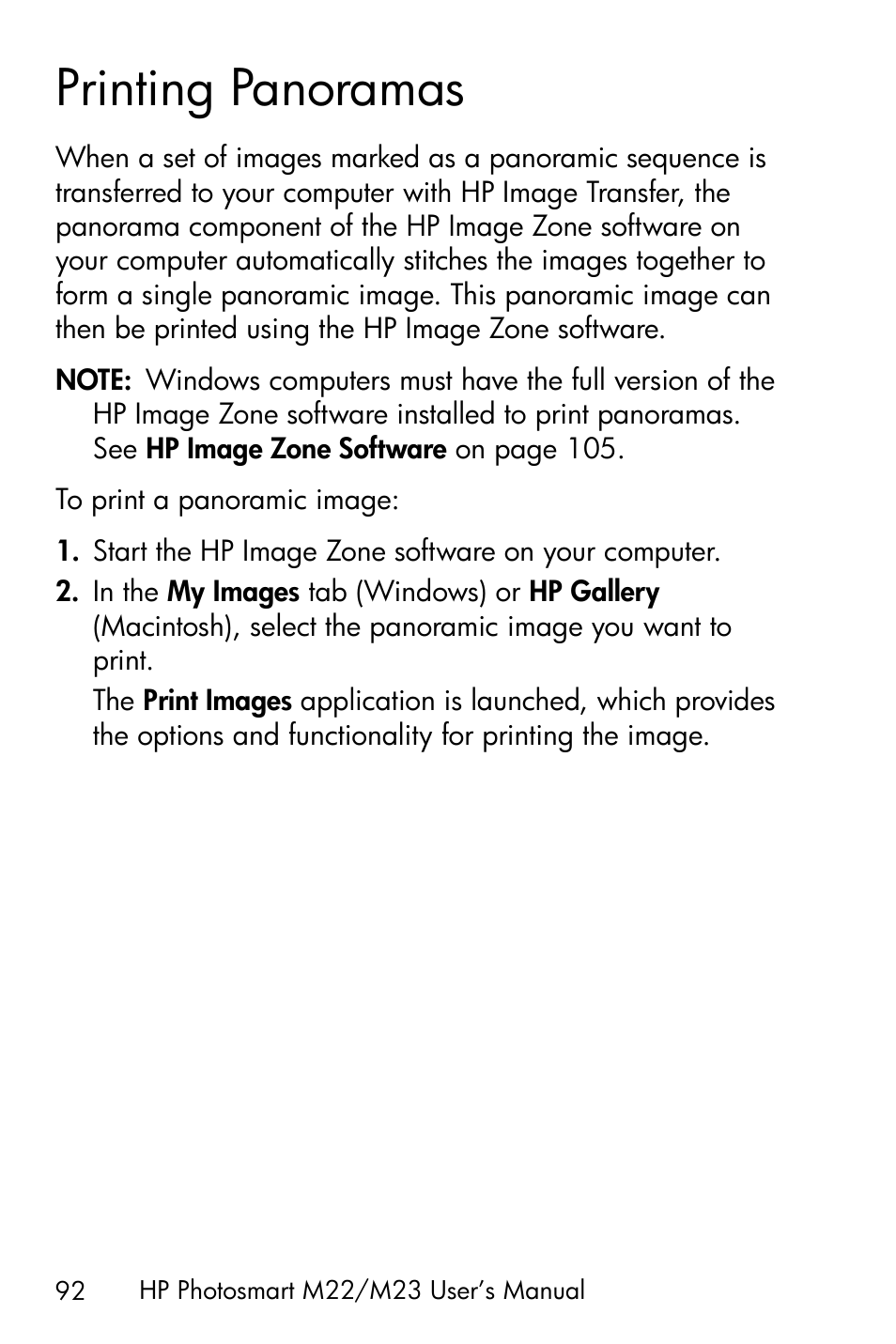 Printing panoramas | HP PhotoSmart M22 User Manual | Page 92 / 180