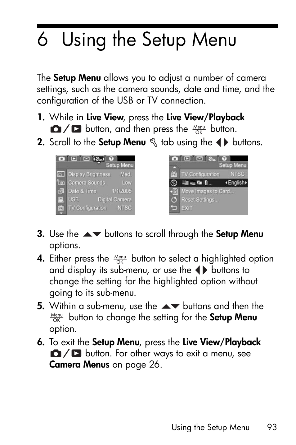 Using the setup menu, 6 using the setup menu | HP PhotoSmart M22 User Manual | Page 93 / 180